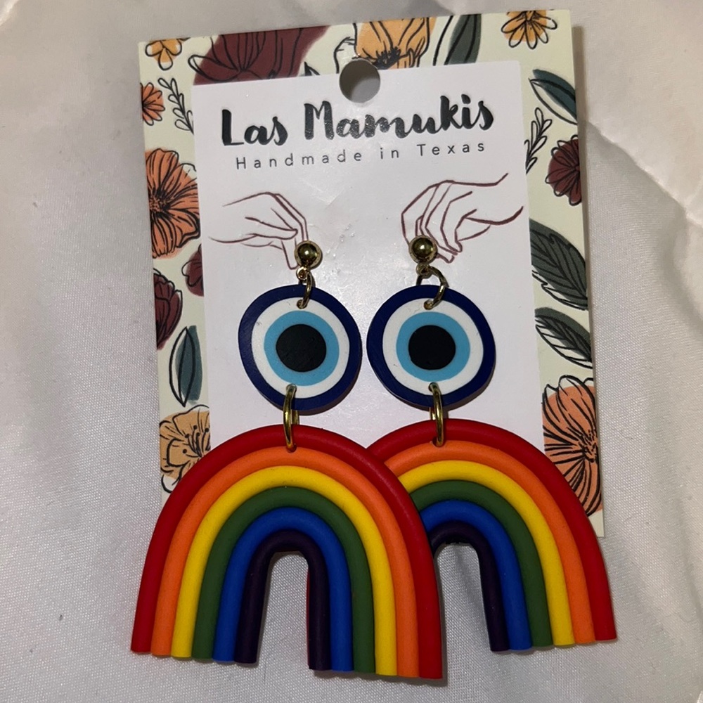 New HANDMADE clay “evil eye” rainbow earrings